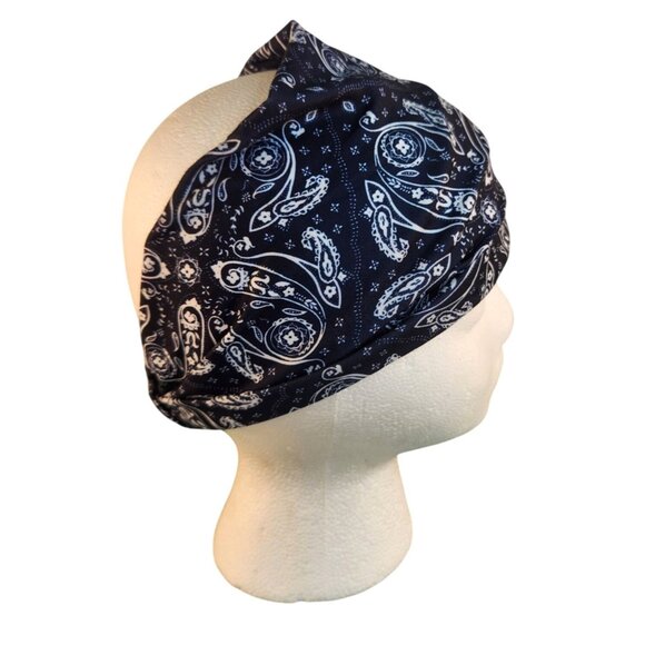 Navy Blue Paisley Knit Headwrap Hairband Soft Stretchy Headband Unisex Sweatband - Picture 3 of 5
